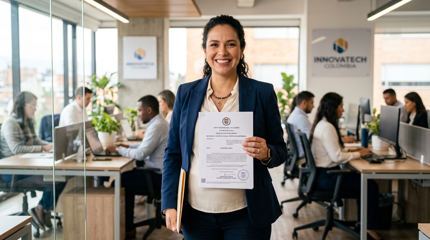 Trabajadora embarazada colombiana recibiendo orden judicial de reintegro laboral