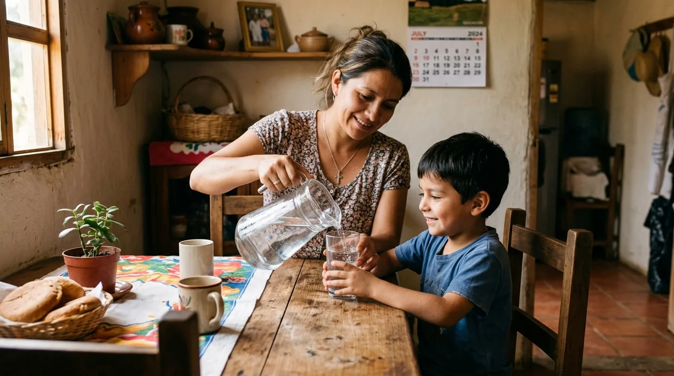 Madre e hijo recibiendo agua potable por derecho al minimo vital en Colombia