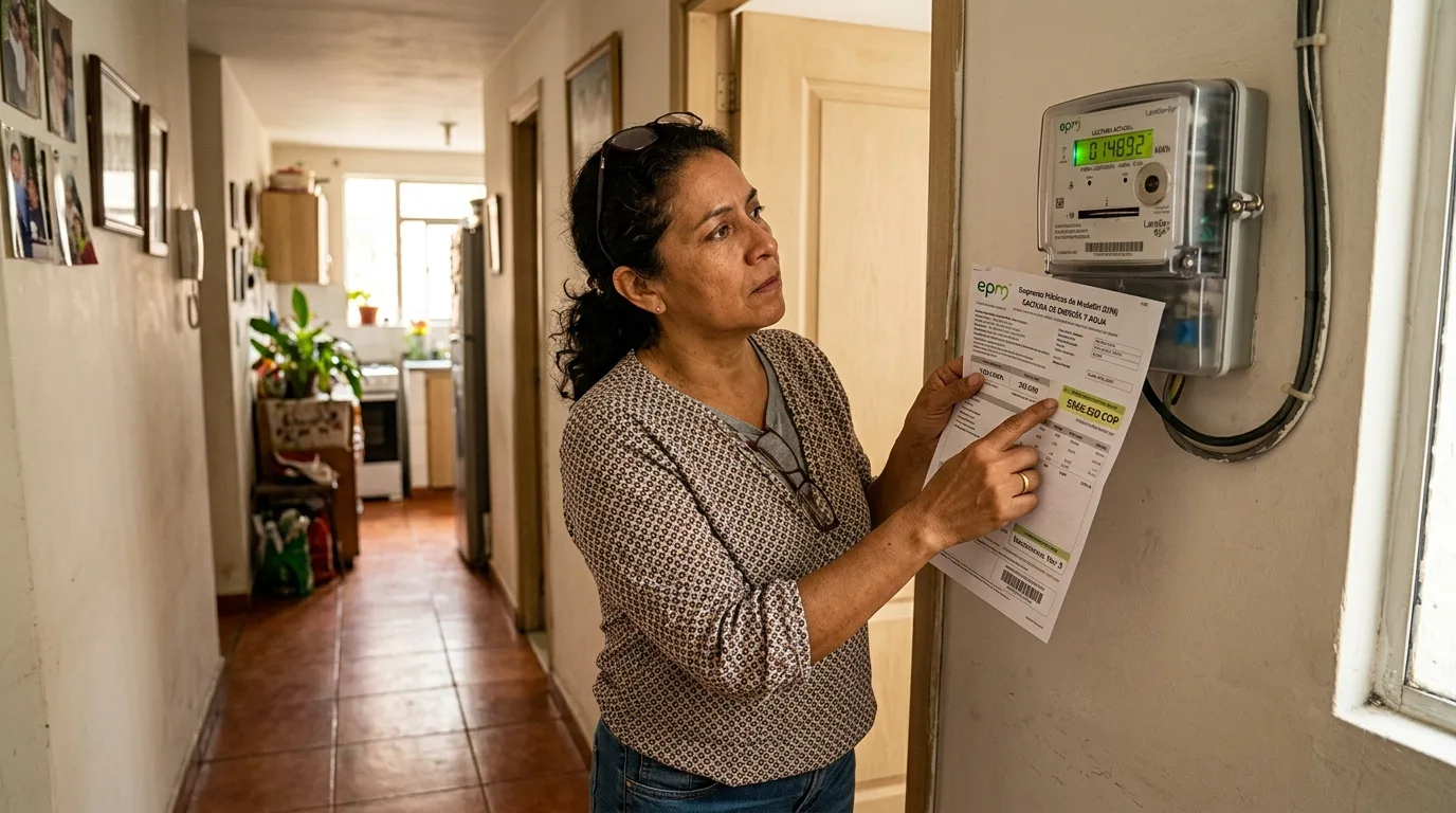 Usuario verificando factura de servicios publicos y medidor en Colombia