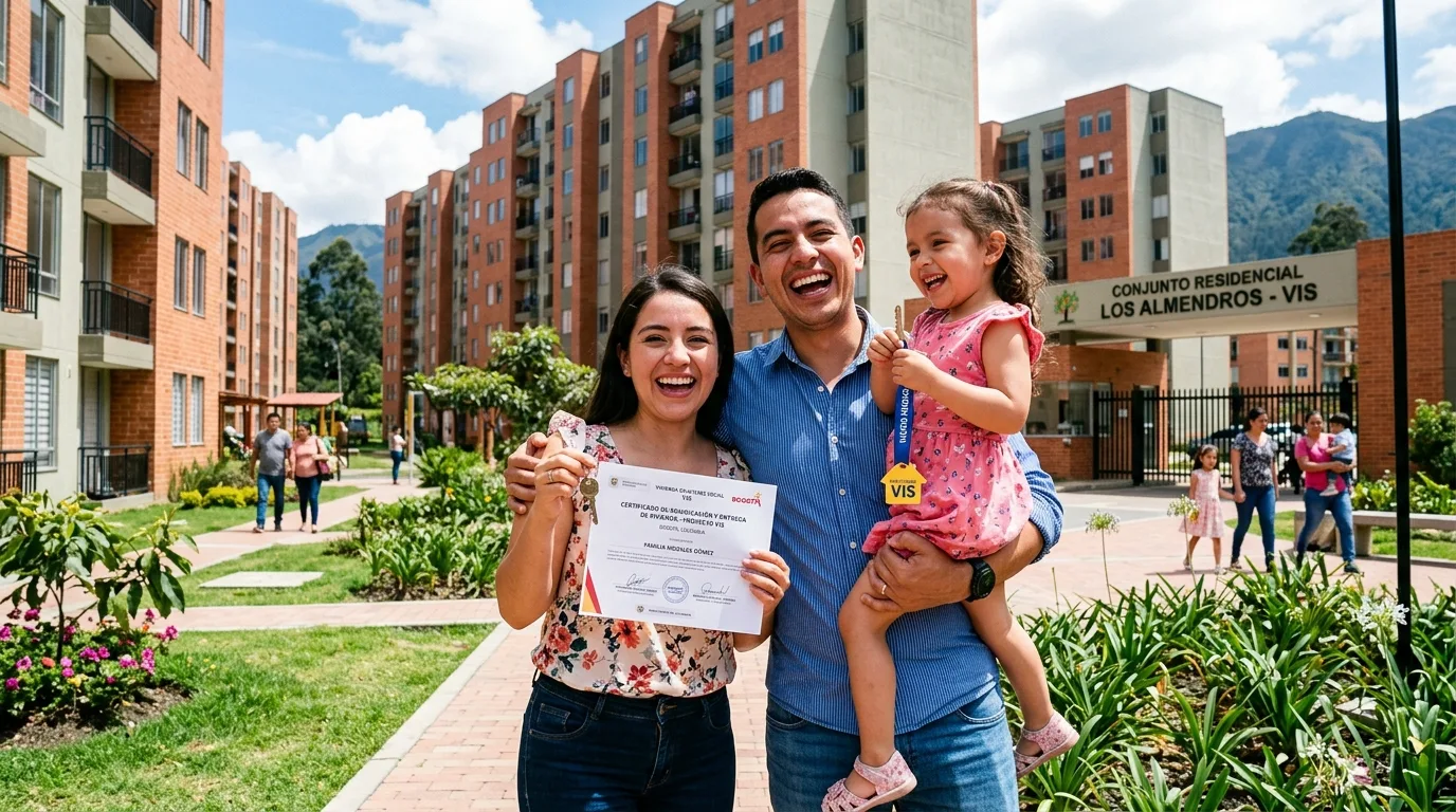 Familia colombiana recibiendo subsidio de vivienda VIS de caja de compensacion