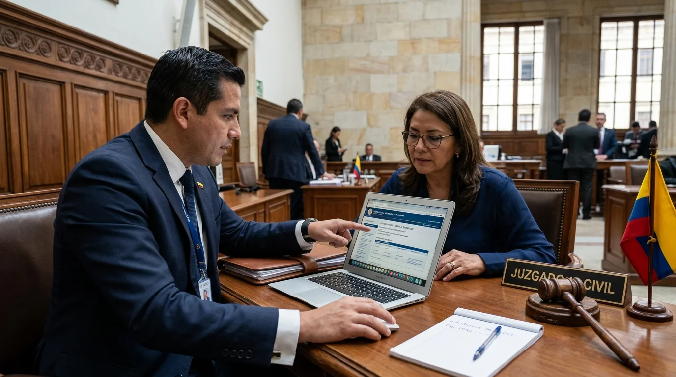 Abogado y cliente examinando expediente judicial digital en despacho de juzgado colombiano