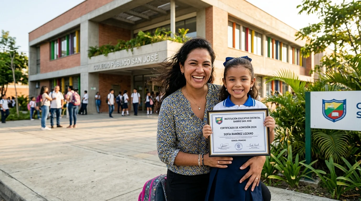 Madre e hija colombiana celebrando admision y cupo escolar garantizado por tutela